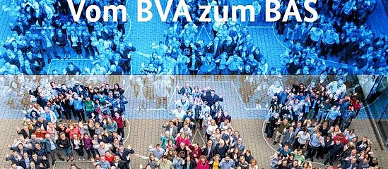 Titelblatt der Broschüre "Vom BVA zum BAS" - Geschichte, Aufgaben und Perspektiven des Bundesamtes für Soziale Sicherung. Darauf Bilder der Beschäftigten des BAS, die erst gemeinsam die Buchstaben B, V und A und dann B, A und S formen.