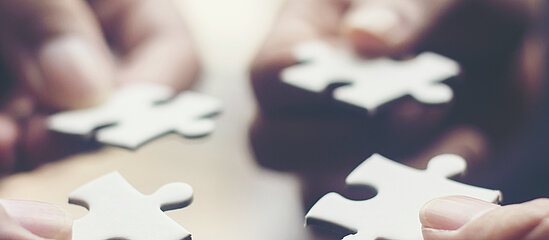 Mehrere Hände von verschiedenen Personen halten einzelne Puzzlestücke, die zusammenpassen. Die Hände bilden einen Kreis.