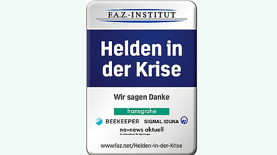 Siegel der Auszeichnung "Helden in der Krise" des F.A.Z.-Instituts; darauf steht: Wir sagen danke. hansgrohe, Beekeper, Signal Iduna, na-news aktuell. Link: www.faz.net/Helden-in-der-Krise